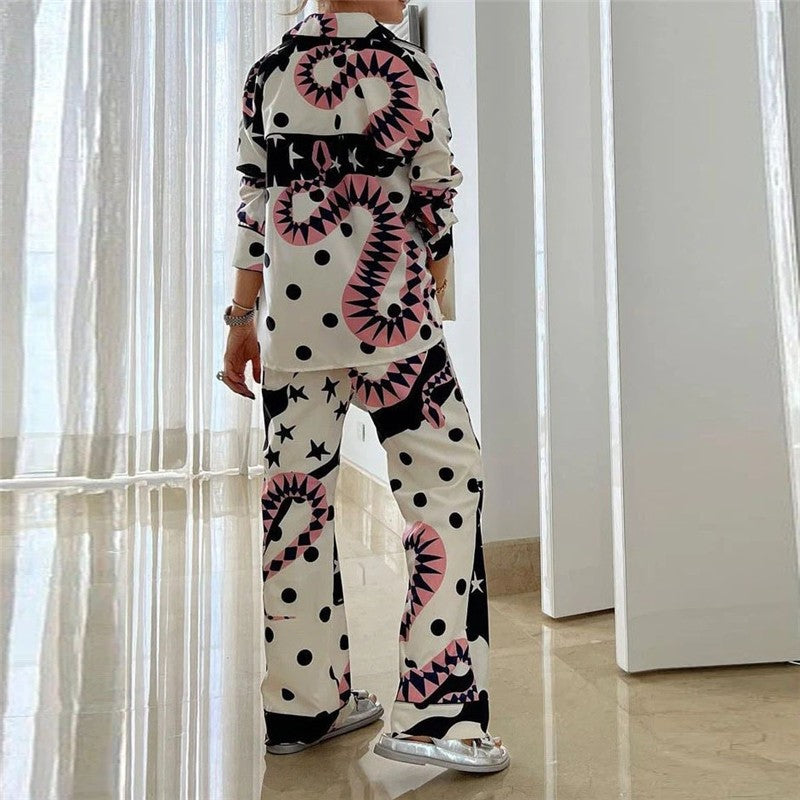 Printing Long Sleeve Lapel Single Breasted Blouse And High Waisted Wide Leg Pants Two Pieces Suit