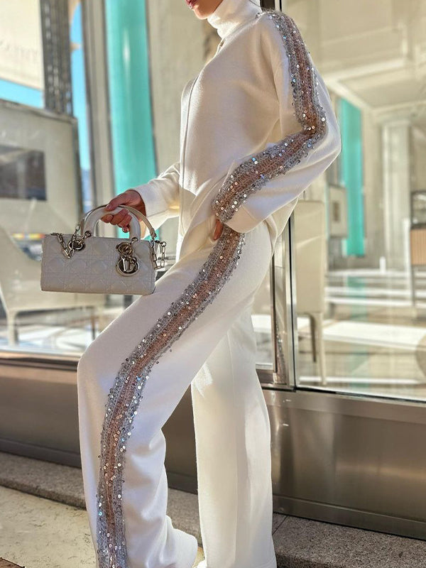 Wrap Contrast Color Sequined Split-Joint High-Neck Sweater Tops&Pants Suits