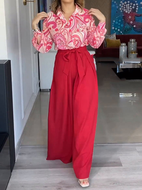 Printed Long Sleeves Buttoned Lapel Blouse + Tied Waist High Waisted Wide Leg Pants Two Pieces Set