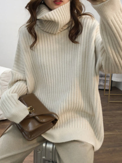 Casual Long Sleeves Loose Solid Color High-Neck Sweater Tops