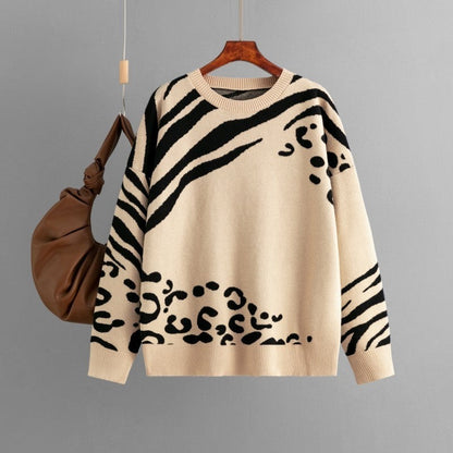 Leopard Print Long Sleeve Crew Neck Loose Sweater