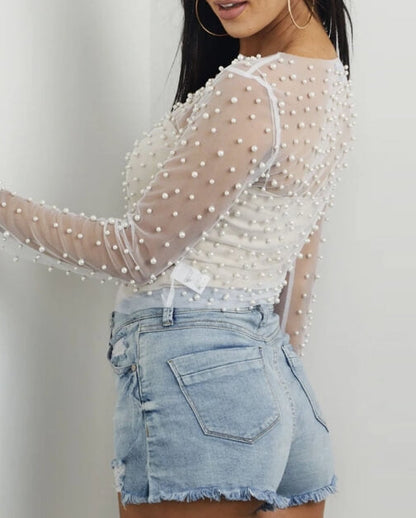 Pearl Rhinestone See Through Mesh Blouse