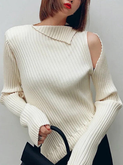 Original Stylish Solid Color Off-The-Shoulder Long Sleeves Sweater Top