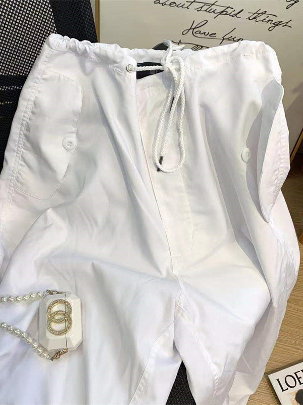 Loose Drawstring See-Through Solid Color Pants Trousers