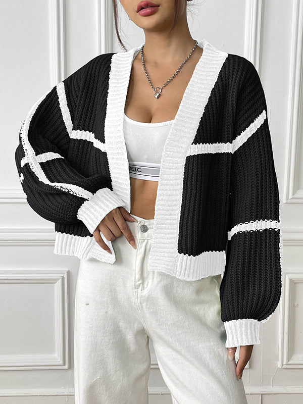 Long Sleeves Loose Contrast Color Cardigan Sweater Tops
