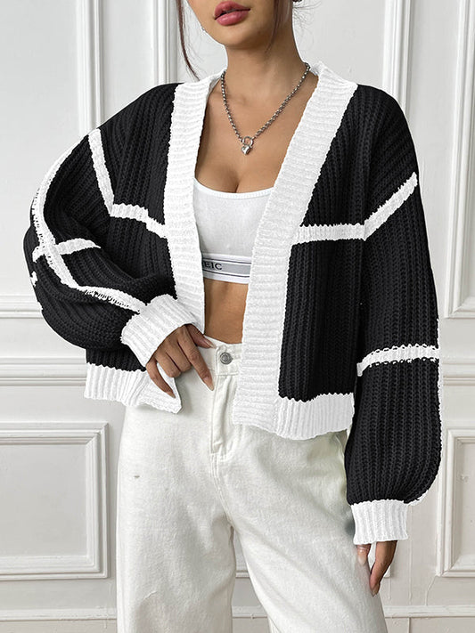Long Sleeves Loose Contrast Color Cardigan Sweater Tops