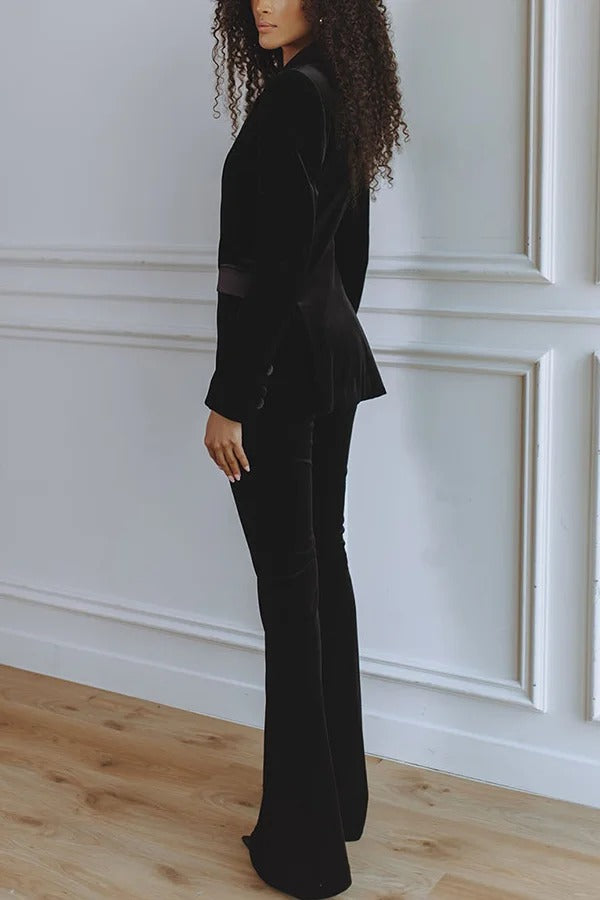 Delicate Daze Velvet Satin Lapel Button Up Long Sleeve Tapered Waist Blazer
