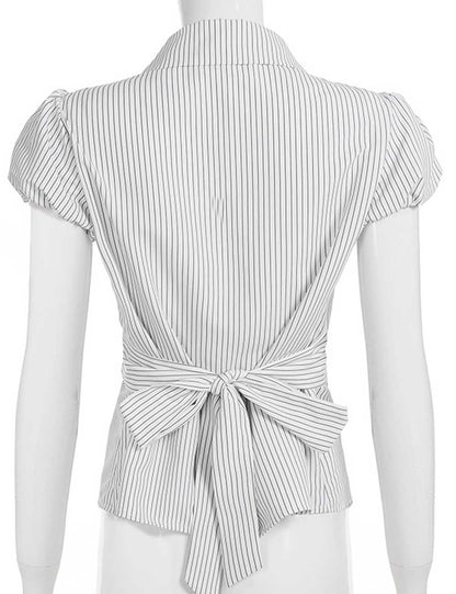 Simple Striped Button Down Tie Waist Shirt