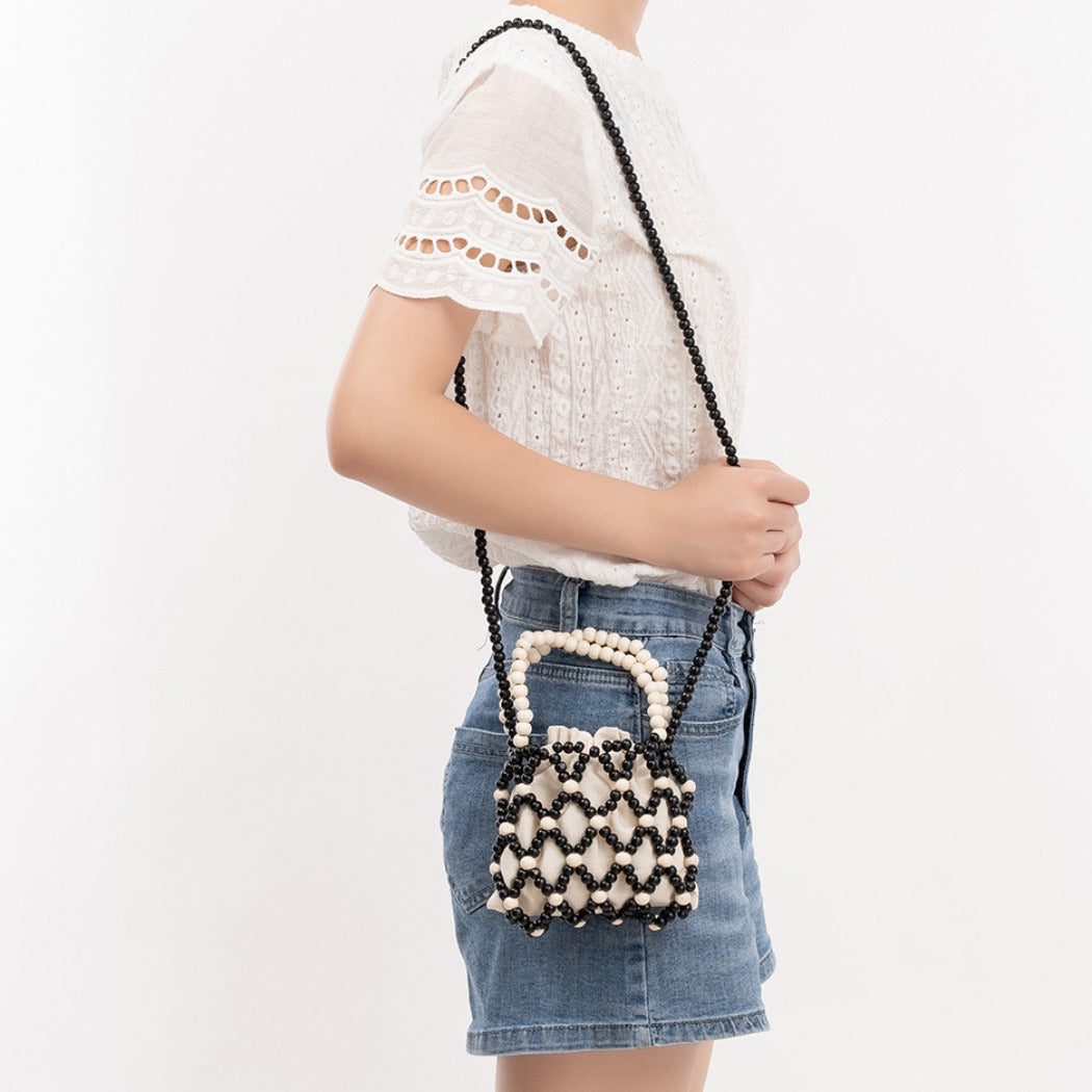 Cosbai - Color-Blocked Wooden Bead Crossbody Bag