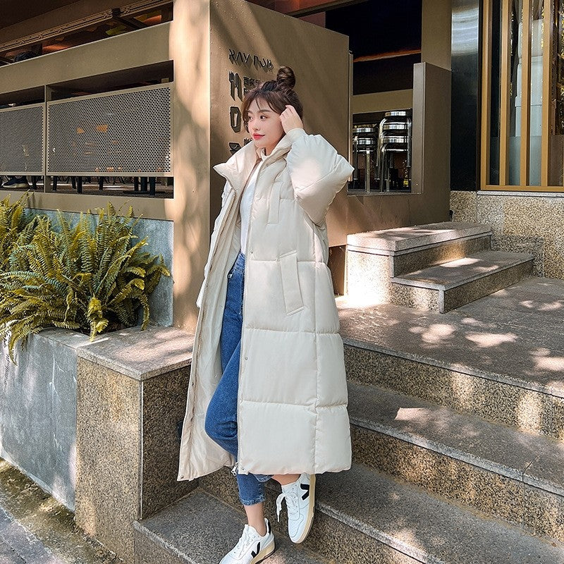 Solid Color Hooded Thickened Down Cotton Long Loose Coat