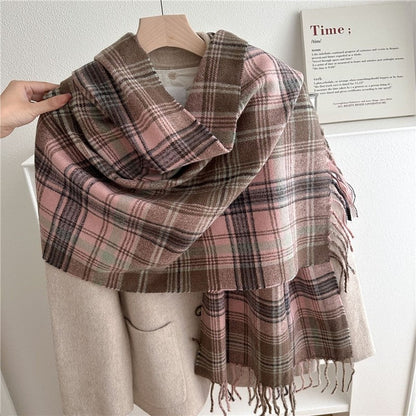 Color Block Plaid Fringe Scarf