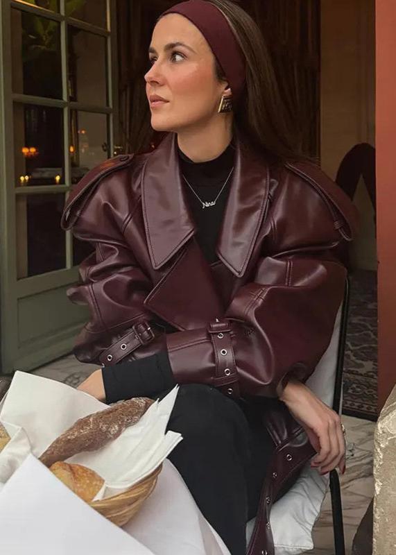 Faux Leather Jacket Burgundy Oversized Lapel