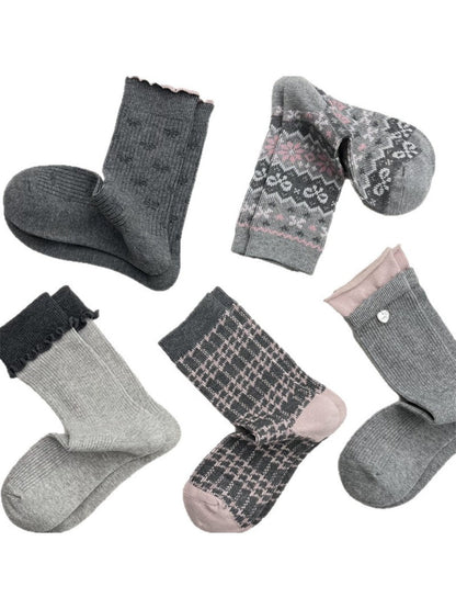 Rufia - Grey Pink Plaid Bow Mid-Crew Socks