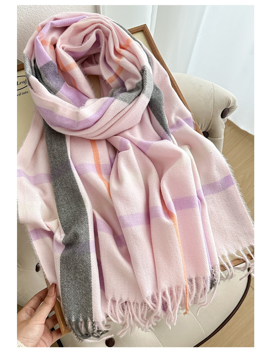 Scarvii - Reversible Color-Block Plaid Scarf with Fringe