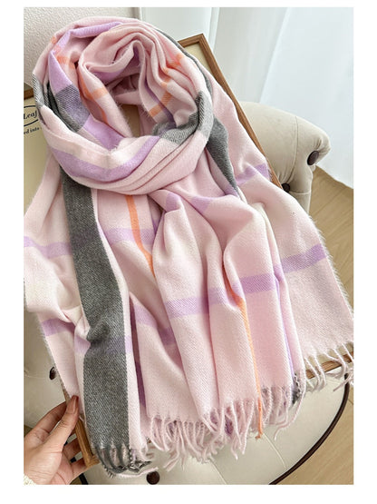Scarvii - Reversible Color-Block Plaid Scarf with Fringe