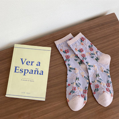 Rufia - Embossed Vintage Floral Pattern Mid-Calf Socks