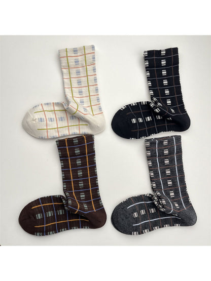 Rufia - Retro Mid-calf Socks with Line and Block Patterns
