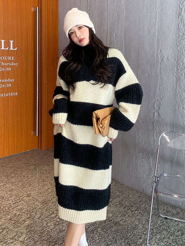 Stylish Loose Striped V-Neck Sweater Dresses