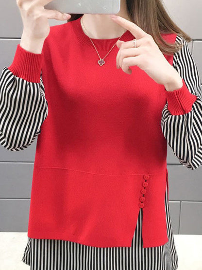 Original Loose Split-Joint 5 Colors Striped Round-Neck Long Sleeves False Two Sweater Top