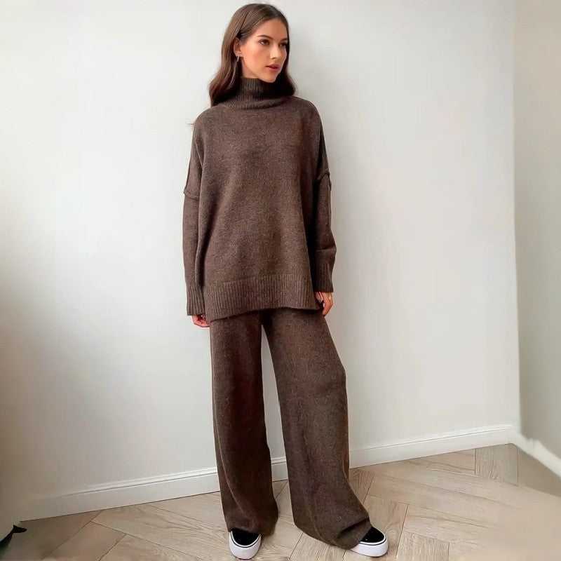 Loose High Neck Knit Sweater Pants Set
