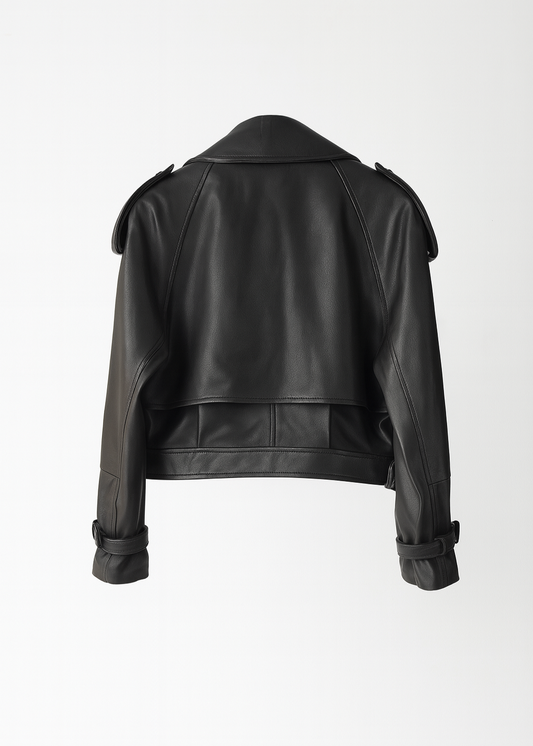 Cropped Faux Leather Biker Jacket Belted Moto Style