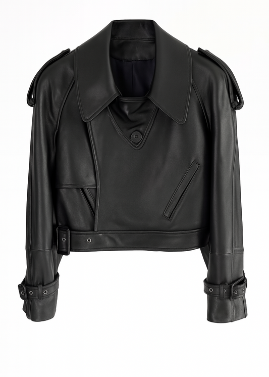Cropped Faux Leather Biker Jacket Belted Moto Style