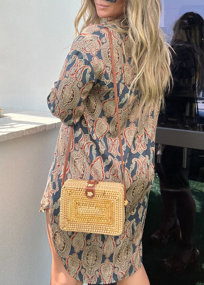 Rattan Crossbody Bag With Leather Strap Beige
