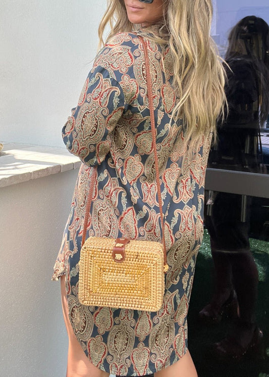 Rattan Crossbody Bag With Leather Strap Beige
