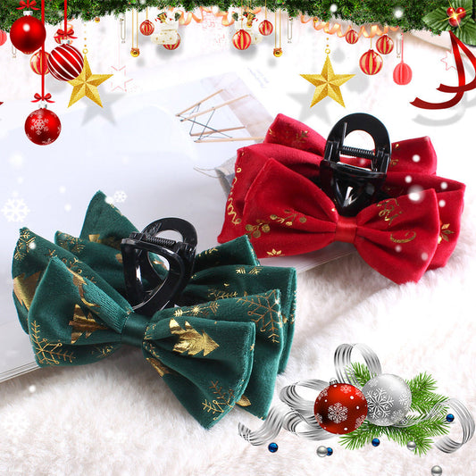 Christmas Plush Bow Hairpin Clip In Green Red