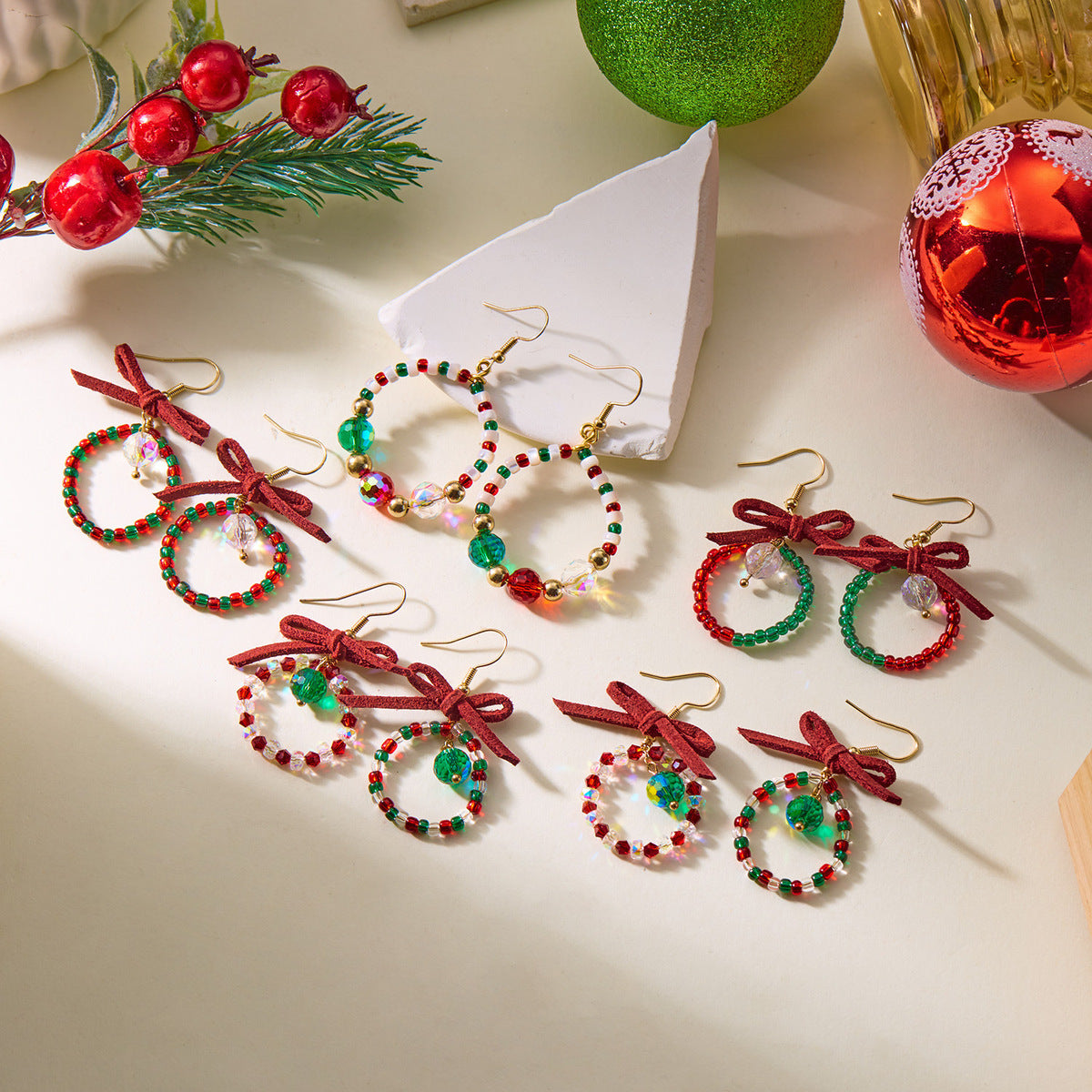 Women Christmas Earrings Multicolor Beads Bowknot Design