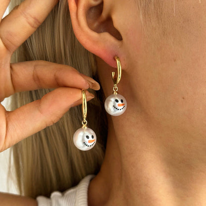 Christmas Imitation Pearl Snowman Earrings For Women
