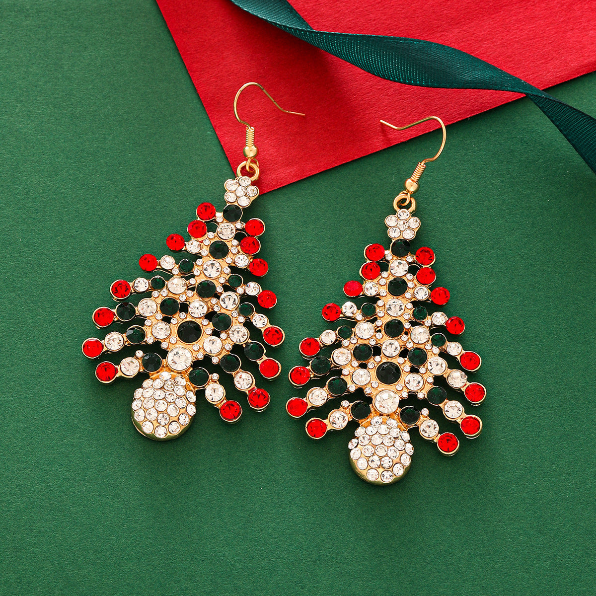 Christmas Alloy Fashion Tree Rhinestone Earrings Gold