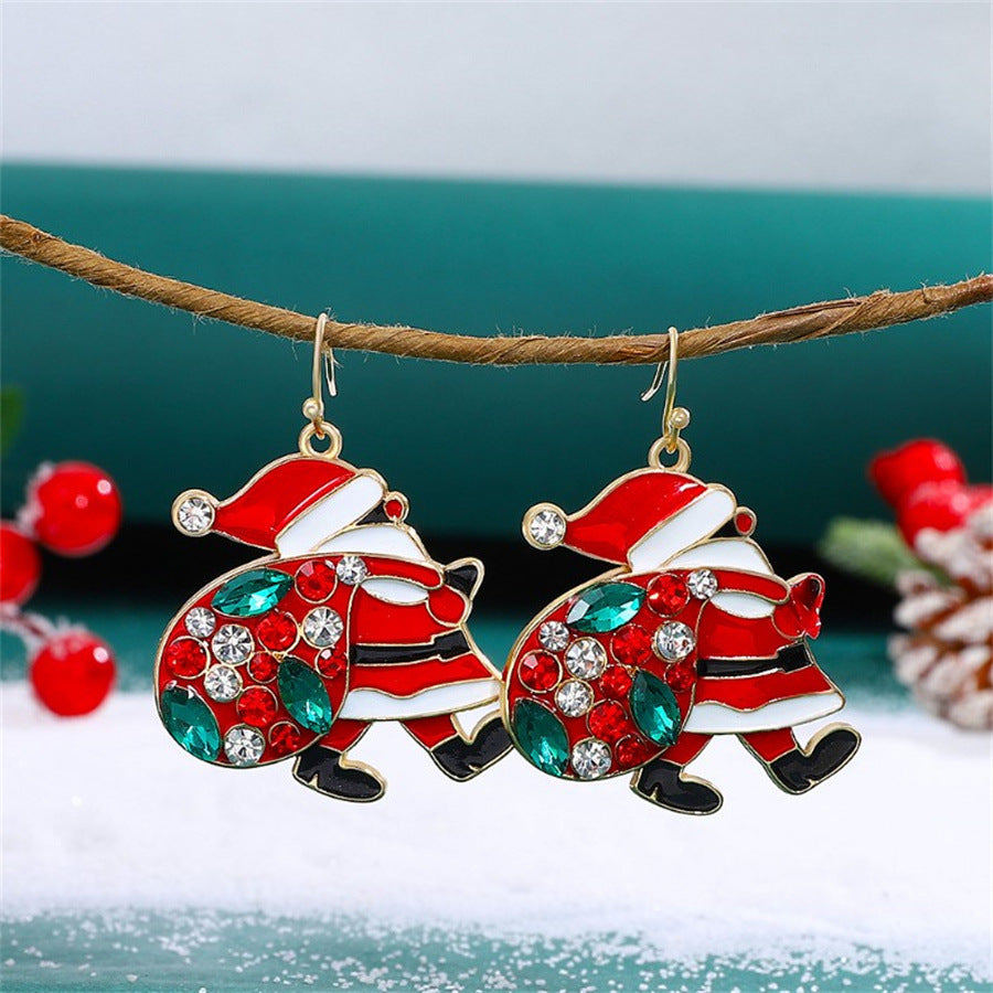 Christmas Earrings Alloy Gold Zircon Santa Claus Style