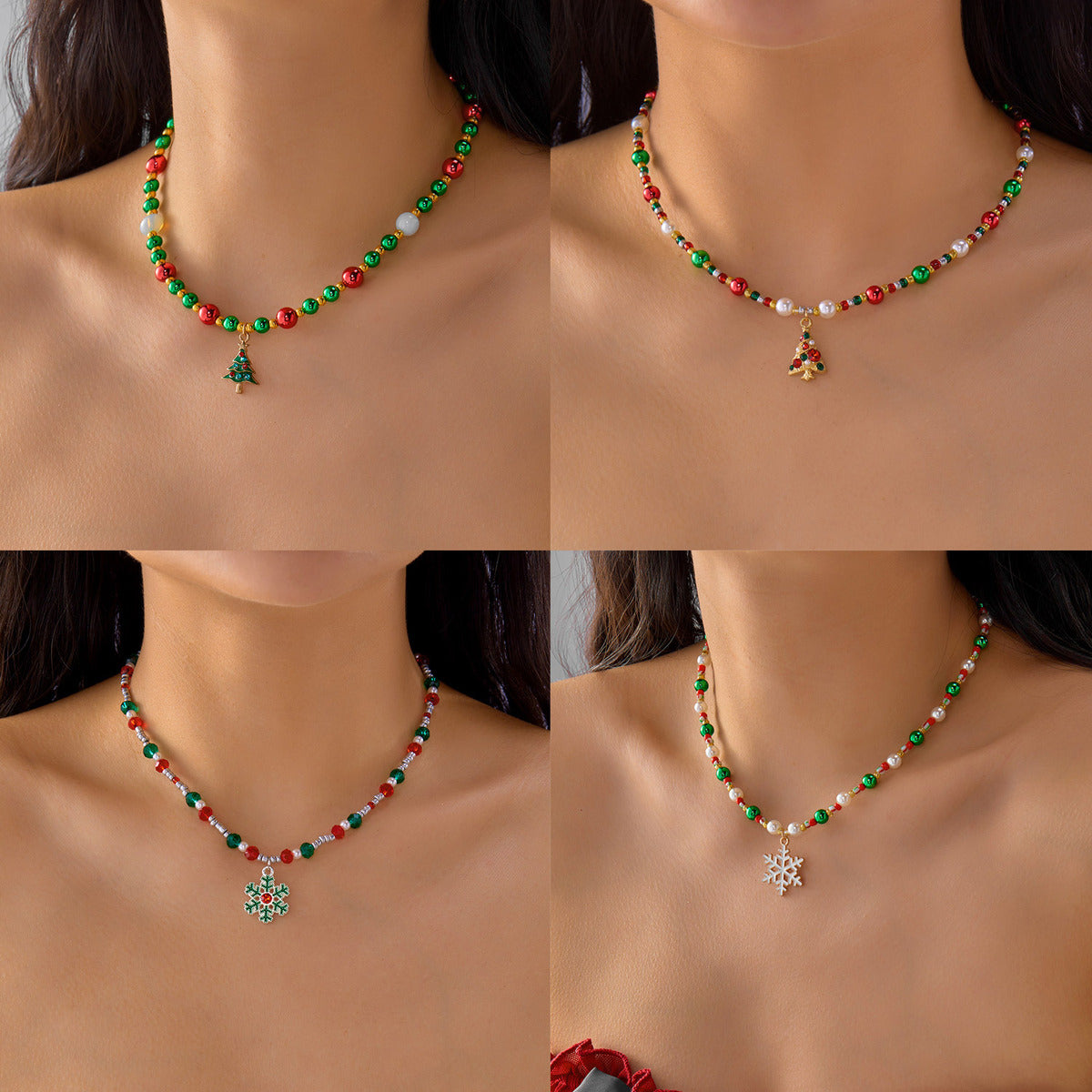 Christmas Fashion Alloy Beaded Necklace Red Green