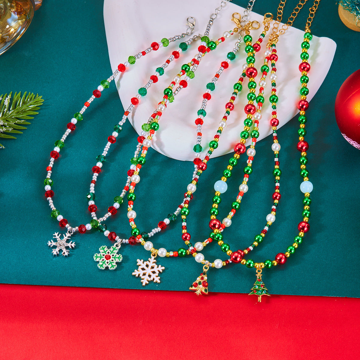 Christmas Fashion Alloy Beaded Necklace Red Green