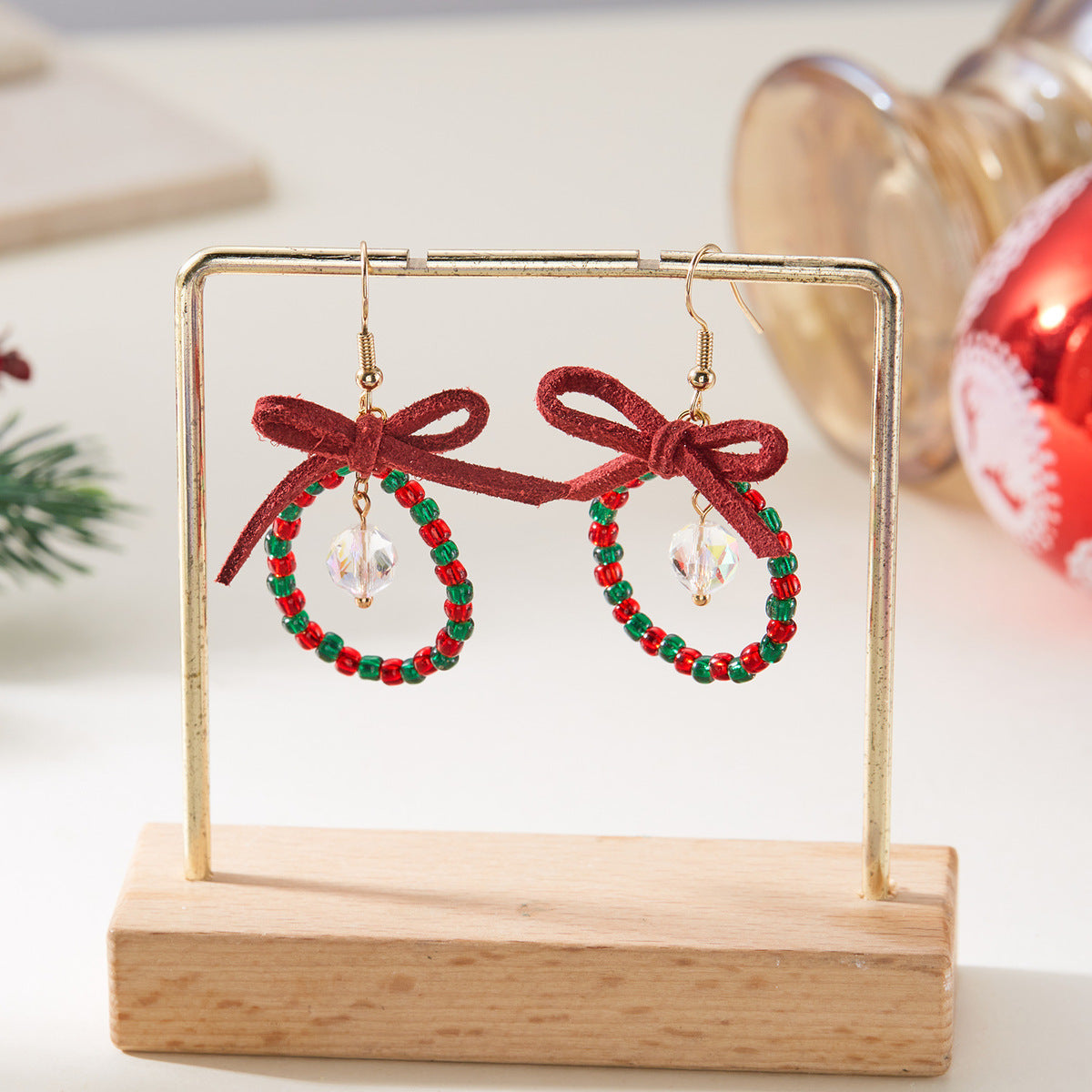 Women Christmas Earrings Multicolor Beads Bowknot Design
