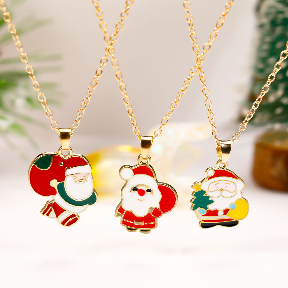 Christmas Alloy Santa Claus Tree Pendant Necklace