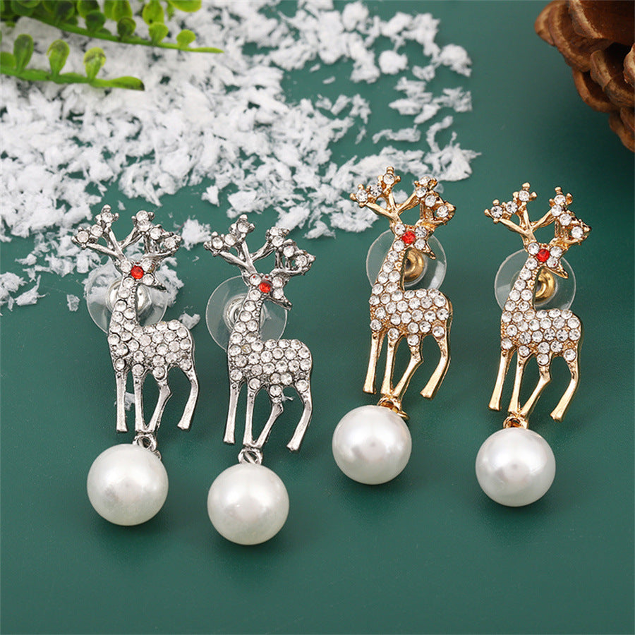 Christmas Alloy Deer Earrings With Pearl Zircon
