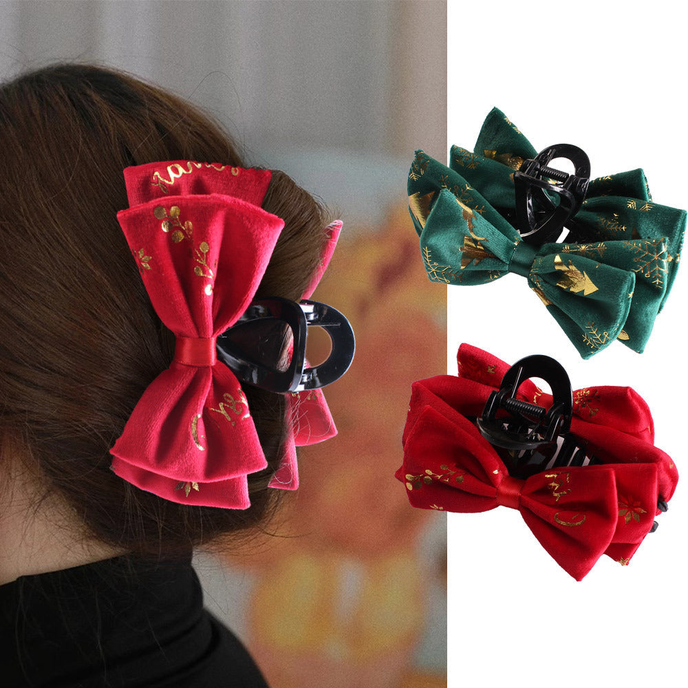 Christmas Plush Bow Hairpin Clip In Green Red