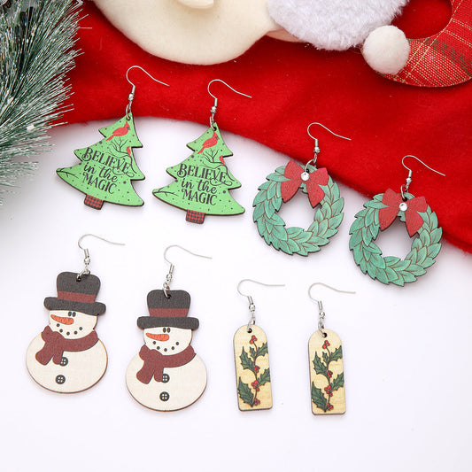 Christmas Wooden Earrings Snowman And Tree Style