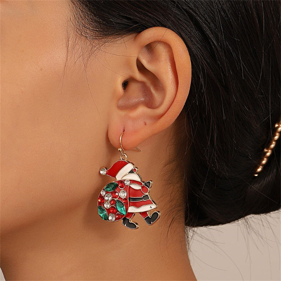 Christmas Earrings Alloy Gold Zircon Santa Claus Style