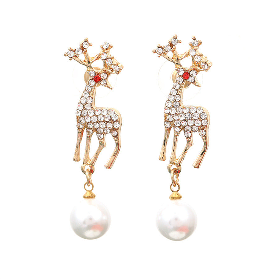 Christmas Alloy Deer Earrings With Pearl Zircon