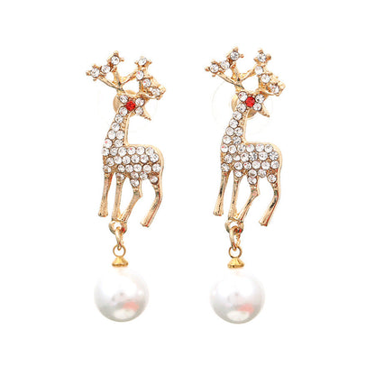 Christmas Alloy Deer Earrings With Pearl Zircon