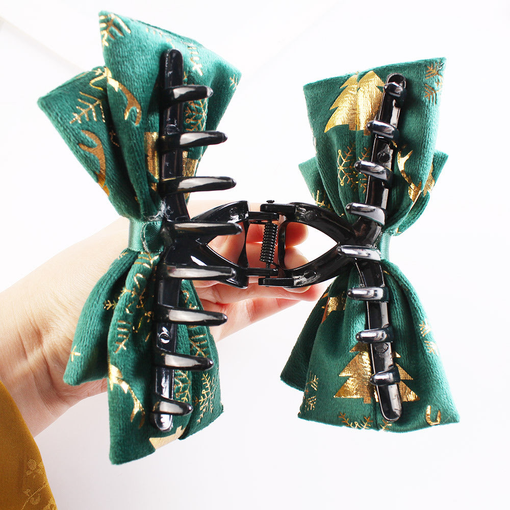 Christmas Plush Bow Hairpin Clip In Green Red