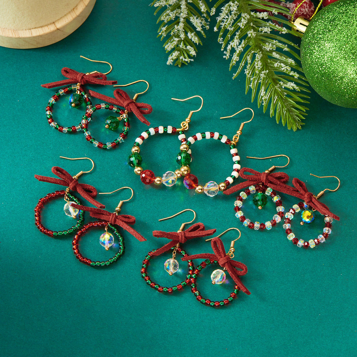Women Christmas Earrings Multicolor Beads Bowknot Design
