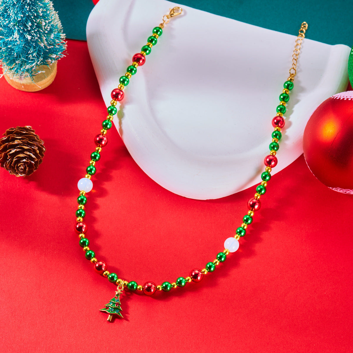 Christmas Fashion Alloy Beaded Necklace Red Green