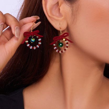 Women Christmas Earrings Multicolor Beads Bowknot Design