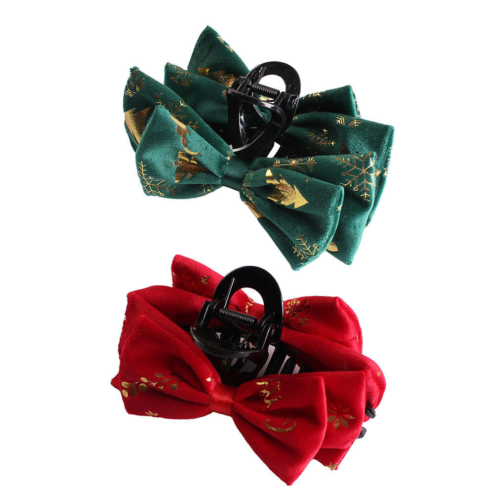 Christmas Plush Bow Hairpin Clip In Green Red