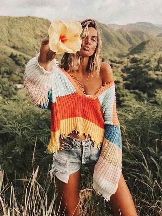 Fashion V-Neck Backless Knitting Striped Rainbow Colored Sweater Tops