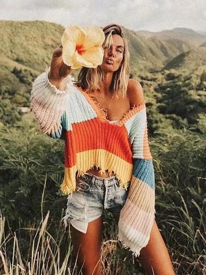 Fashion V-Neck Backless Knitting Striped Rainbow Colored Sweater Tops